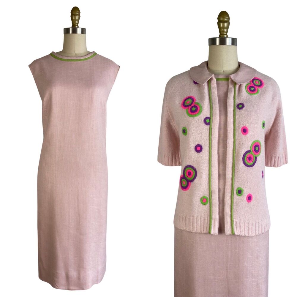 Vintage 1960s Pink Shift Dress and Embroidered Sweater Set Adele Martin | Size L